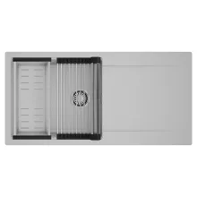 HD Onyx Grey 100 egymedencés mosogatótálca szett, acél csepegtetőráccsal és kosárral, csepegtetőtálcával, alpesi szürke színben, szálcsiszolt króm leeresztő szifonnal