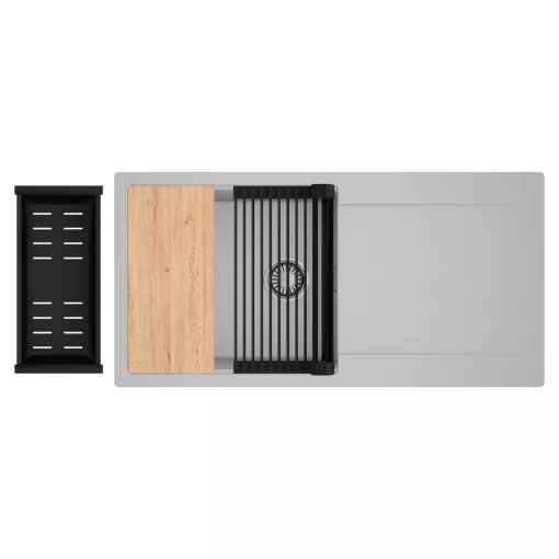 HD Onyx Grey 100 egymedencés gránit mosogatótálca szett, csepegtetőtálcával, vágódeszkával, matt fekete csepegtetőráccsal és kosárral, alpesi szürke színben, szálcsiszolt króm leeresztő szifonnal