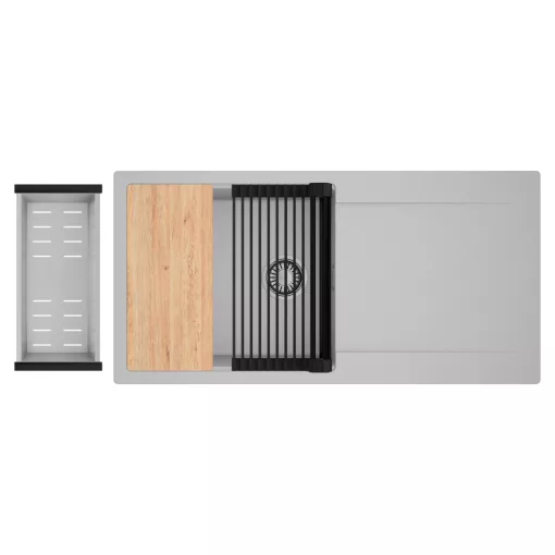 HD Onyx Grey 100 egymedencés gránit mosogatótálca szett, csepegtetőtálcával, vágódeszkával, matt fekete csepegtetőráccsal és krómozott kosárral, alpesi szürke színben, szálcsiszolt króm leeresztő szifonnal