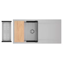 HD Onyx Grey 100 egymedencés gránit mosogatótálca szett, csepegtetőtálcával, vágódeszkával, acél csepegtetőráccsal és kosárral, alpesi szürke színben, szálcsiszolt króm leeresztő szifonnal