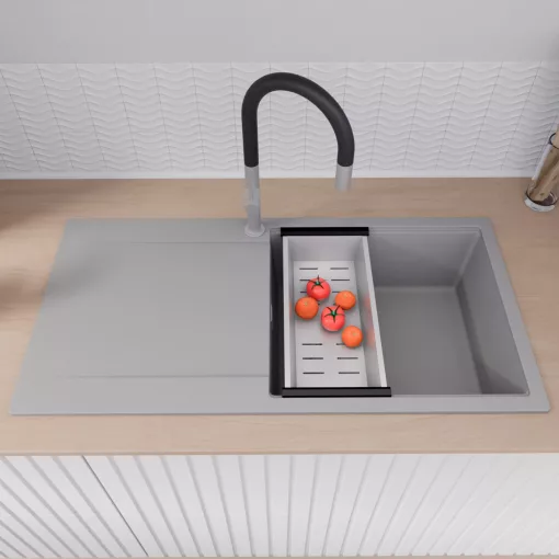 HD Onyx Grey 100 egymedencés gránit mosogatótálca szett, csepegtetőtálcával, vágódeszkával, acél csepegtetőráccsal és kosárral, alpesi szürke színben, szálcsiszolt króm leeresztő szifonnal