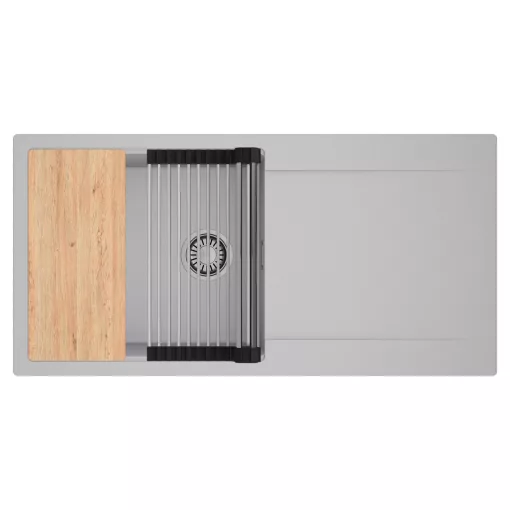 HD Onyx Grey 100 egymedencés gránit mosogatótálca szett, csepegtetőtálcával, vágódeszkával, acél csepegtetőráccsal, alpesi szürke színben, szálcsiszolt króm leeresztő szifonnal