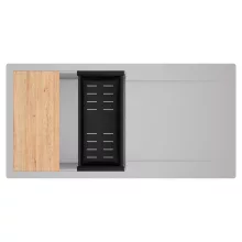 HD Onyx Grey 100 egymedencés gránit mosogatótálca szett, csepegtetőtálcával, vágódeszkával, matt fekete csepegtetőkosárral, alpesi szürke színben, szálcsiszolt króm leeresztő szifonnal