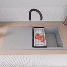 HD Onyx Grey 100 egymedencés gránit mosogatótálca szett, csepegtetőtálcával, vágódeszkával, acél csepegtetőkosárral, alpesi szürke színben, szálcsiszolt króm leeresztő szifonnal