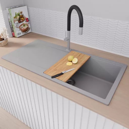 HD Onyx Grey 100 egymedencés gránit mosogatótálca, vágódeszkával, alpesi szürke színben, szálcsiszolt króm leeresztő szifonnal