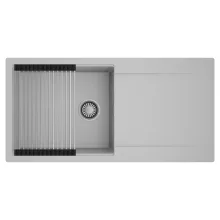 HD Onyx Grey 100 egymedencés mosogatótálca szett, acél csepegtetőráccsal, csepegtetőtálcával, alpesi szürke színben, szálcsiszolt króm leeresztő szifonnal