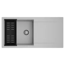 HD Onyx Grey 100 egymedencés mosogatótálca szett, matt fekete csepegtetőkosárral, csepegtetőtálcával, alpesi szürke színben, szálcsiszolt króm leeresztő szifonnal