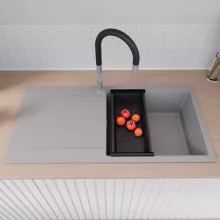 HD Onyx Grey 100 egymedencés mosogatótálca szett, matt fekete csepegtetőkosárral, csepegtetőtálcával, alpesi szürke színben, szálcsiszolt króm leeresztő szifonnal