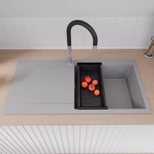 HD Onyx Grey 100 egymedencés mosogatótálca szett, matt fekete csepegtetőkosárral, csepegtetőtálcával, alpesi szürke színben, szálcsiszolt króm leeresztő szifonnal