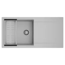 HD Onyx Grey 100 egymedencés mosogatótálca szett, acél csepegtetőkosárral, csepegtetőtálcával, alpesi szürke színben, szálcsiszolt króm leeresztő szifonnal