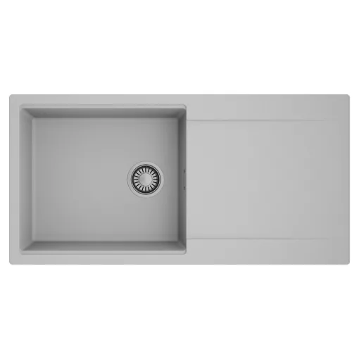 HD Onyx Grey 100 egymedencés mosogatótálca, csepegtetőtálcával, alpesi szürke színben, szálcsiszolt króm leeresztő szifonnal