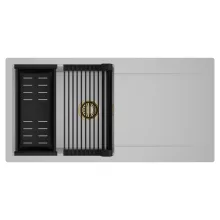 HD Onyx Grey 100 egymedencés mosogatótálca szett, matt fekete csepegtetőráccsal és kosárral, csepegtetőtálcával, alpesi szürke színben, szálcsiszolt arany leeresztő szifonnal