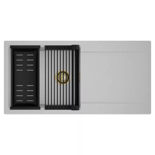 HD Onyx Grey 100 egymedencés mosogatótálca szett, matt fekete csepegtetőráccsal és kosárral, csepegtetőtálcával, alpesi szürke színben, szálcsiszolt arany leeresztő szifonnal