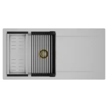 HD Onyx Grey 100 egymedencés mosogatótálca szett, matt fekete csepegtetőráccsal és krómozott kosárral, csepegtetőtálcával, alpesi szürke színben, szálcsiszolt arany leeresztő szifonnal