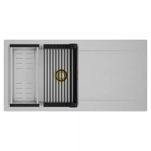 HD Onyx Grey 100 egymedencés mosogatótálca szett, matt fekete csepegtetőráccsal és krómozott kosárral, csepegtetőtálcával, alpesi szürke színben, szálcsiszolt arany leeresztő szifonnal