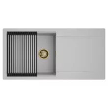 HD Onyx Grey 100 egymedencés mosogatótálca szett, matt fekete csepegtetőráccsal, csepegtetőtálcával, alpesi szürke színben, szálcsiszolt arany leeresztő szifonnal