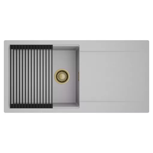 HD Onyx Grey 100 egymedencés mosogatótálca szett, matt fekete csepegtetőráccsal, csepegtetőtálcával, alpesi szürke színben, szálcsiszolt arany leeresztő szifonnal