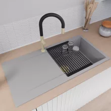 HD Onyx Grey 100 egymedencés mosogatótálca szett, matt fekete csepegtetőráccsal, csepegtetőtálcával, alpesi szürke színben, szálcsiszolt arany leeresztő szifonnal