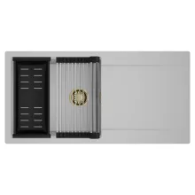 HD Onyx Grey 100 egymedencés mosogatótálca szett, acél csepegtetőráccsal és matt fekete kosárral, csepegtetőtálcával, alpesi szürke színben, szálcsiszolt arany leeresztő szifonnal