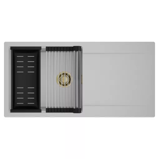 HD Onyx Grey 100 egymedencés mosogatótálca szett, acél csepegtetőráccsal és matt fekete kosárral, csepegtetőtálcával, alpesi szürke színben, szálcsiszolt arany leeresztő szifonnal