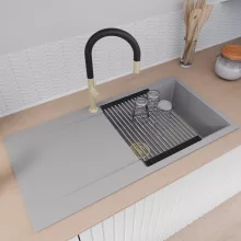 HD Onyx Grey 100 egymedencés mosogatótálca szett, acél csepegtetőráccsal és matt fekete kosárral, csepegtetőtálcával, alpesi szürke színben, szálcsiszolt arany leeresztő szifonnal