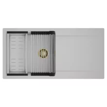 HD Onyx Grey 100 egymedencés mosogatótálca szett, acél csepegtetőráccsal és kosárral, csepegtetőtálcával, alpesi szürke színben, szálcsiszolt arany leeresztő szifonnal