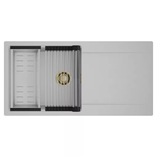 HD Onyx Grey 100 egymedencés mosogatótálca szett, acél csepegtetőráccsal és kosárral, csepegtetőtálcával, alpesi szürke színben, szálcsiszolt arany leeresztő szifonnal