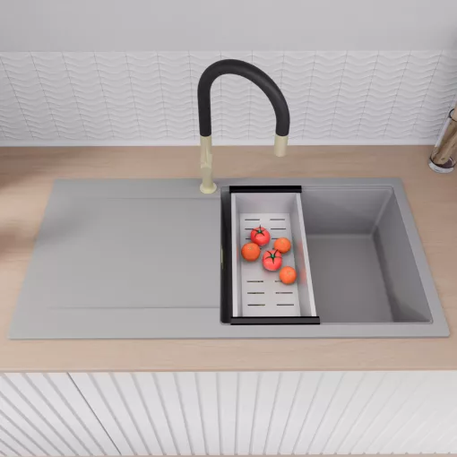 HD Onyx Grey 100 egymedencés mosogatótálca szett, acél csepegtetőráccsal és kosárral, csepegtetőtálcával, alpesi szürke színben, szálcsiszolt arany leeresztő szifonnal