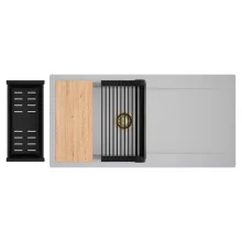 HD Onyx Grey 100 egymedencés gránit mosogatótálca szett, csepegtetőtálcával, vágódeszkával, matt fekete csepegtetőráccsal és kosárral, alpesi szürke színben, szálcsiszolt arany leeresztő szifonnal