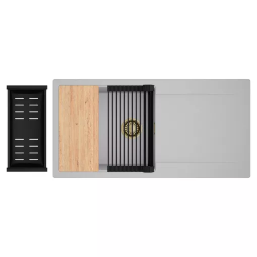 HD Onyx Grey 100 egymedencés gránit mosogatótálca szett, csepegtetőtálcával, vágódeszkával, matt fekete csepegtetőráccsal és kosárral, alpesi szürke színben, szálcsiszolt arany leeresztő szifonnal