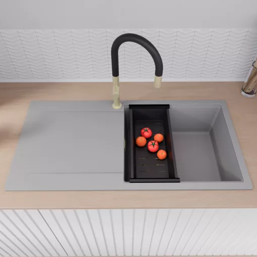 HD Onyx Grey 100 egymedencés gránit mosogatótálca szett, csepegtetőtálcával, vágódeszkával, matt fekete csepegtetőráccsal és kosárral, alpesi szürke színben, szálcsiszolt arany leeresztő szifonnal