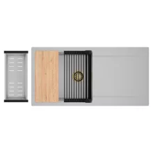 HD Onyx Grey 100 egymedencés gránit mosogatótálca szett, csepegtetőtálcával, vágódeszkával, matt fekete csepegtetőráccsal és krómozott kosárral, alpesi szürke színben, szálcsiszolt arany leeresztő szifonnal