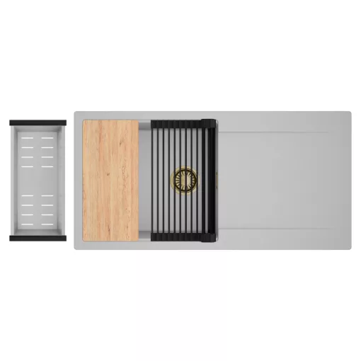 HD Onyx Grey 100 egymedencés gránit mosogatótálca szett, csepegtetőtálcával, vágódeszkával, matt fekete csepegtetőráccsal és krómozott kosárral, alpesi szürke színben, szálcsiszolt arany leeresztő szifonnal