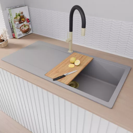 HD Onyx Grey 100 egymedencés gránit mosogatótálca szett, csepegtetőtálcával, vágódeszkával, matt fekete csepegtetőráccsal és krómozott kosárral, alpesi szürke színben, szálcsiszolt arany leeresztő szifonnal