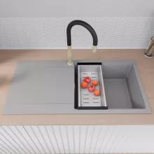 HD Onyx Grey 100 egymedencés gránit mosogatótálca szett, csepegtetőtálcával, vágódeszkával, matt fekete csepegtetőráccsal és krómozott kosárral, alpesi szürke színben, szálcsiszolt arany leeresztő szifonnal