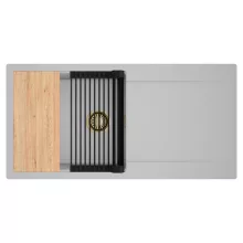 HD Onyx Grey 100 egymedencés gránit mosogatótálca szett, csepegtetőtálcával, vágódeszkával, matt fekete csepegtetőráccsal, alpesi szürke színben, szálcsiszolt arany leeresztő szifonnal