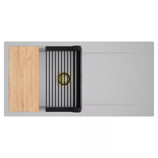 HD Onyx Grey 100 egymedencés gránit mosogatótálca szett, csepegtetőtálcával, vágódeszkával, matt fekete csepegtetőráccsal, alpesi szürke színben, szálcsiszolt arany leeresztő szifonnal