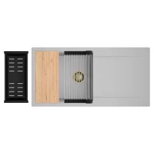 HD Onyx Grey 100 egymedencés gránit mosogatótálca szett, csepegtetőtálcával, vágódeszkával, acél csepegtetőráccsal és matt fekete kosárral, alpesi szürke színben, szálcsiszolt arany leeresztő szifonnal