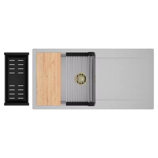 HD Onyx Grey 100 egymedencés gránit mosogatótálca szett, csepegtetőtálcával, vágódeszkával, acél csepegtetőráccsal és matt fekete kosárral, alpesi szürke színben, szálcsiszolt arany leeresztő szifonnal