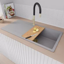 HD Onyx Grey 100 egymedencés gránit mosogatótálca szett, csepegtetőtálcával, vágódeszkával, acél csepegtetőráccsal és matt fekete kosárral, alpesi szürke színben, szálcsiszolt arany leeresztő szifonnal