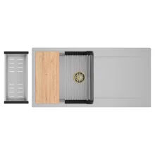 HD Onyx Grey 100 egymedencés gránit mosogatótálca szett, csepegtetőtálcával, vágódeszkával, acél csepegtetőráccsal és kosárral, alpesi szürke színben, szálcsiszolt arany leeresztő szifonnal