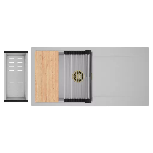 HD Onyx Grey 100 egymedencés gránit mosogatótálca szett, csepegtetőtálcával, vágódeszkával, acél csepegtetőráccsal és kosárral, alpesi szürke színben, szálcsiszolt arany leeresztő szifonnal