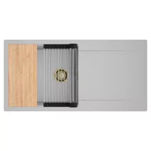 HD Onyx Grey 100 egymedencés gránit mosogatótálca szett, csepegtetőtálcával, vágódeszkával, acél csepegtetőráccsal, alpesi szürke színben, szálcsiszolt arany leeresztő szifonnal