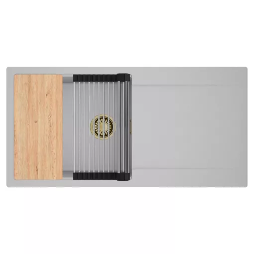 HD Onyx Grey 100 egymedencés gránit mosogatótálca szett, csepegtetőtálcával, vágódeszkával, acél csepegtetőráccsal, alpesi szürke színben, szálcsiszolt arany leeresztő szifonnal