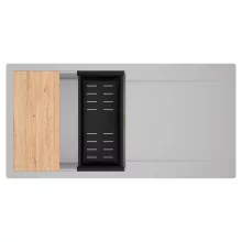 HD Onyx Grey 100 egymedencés gránit mosogatótálca szett, csepegtetőtálcával, vágódeszkával, matt fekete csepegtetőkosárral, alpesi szürke színben, szálcsiszolt arany leeresztő szifonnal