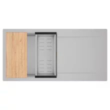 HD Onyx Grey 100 egymedencés gránit mosogatótálca szett, csepegtetőtálcával, vágódeszkával, acél csepegtetőkosárral, alpesi szürke színben, szálcsiszolt arany leeresztő szifonnal