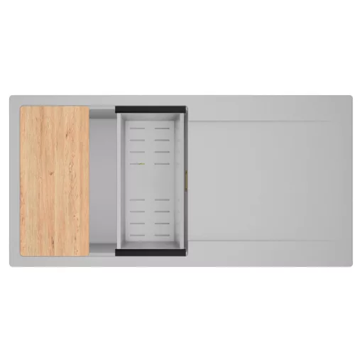 HD Onyx Grey 100 egymedencés gránit mosogatótálca szett, csepegtetőtálcával, vágódeszkával, acél csepegtetőkosárral, alpesi szürke színben, szálcsiszolt arany leeresztő szifonnal