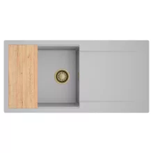 HD Onyx Grey 100 egymedencés gránit mosogatótálca, vágódeszkával, alpesi szürke színben, szálcsiszolt arany leeresztő szifonnal