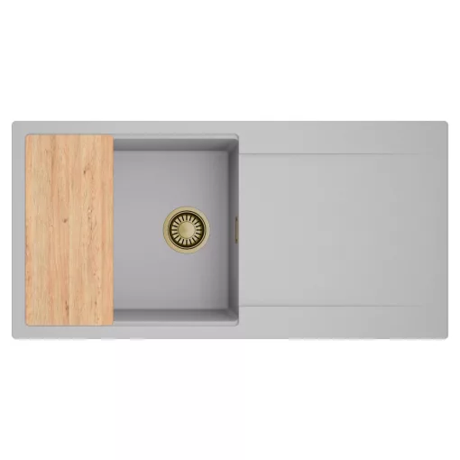 HD Onyx Grey 100 egymedencés gránit mosogatótálca, vágódeszkával, alpesi szürke színben, szálcsiszolt arany leeresztő szifonnal