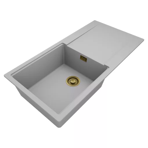 HD Onyx Grey 100 egymedencés gránit mosogatótálca, vágódeszkával, alpesi szürke színben, szálcsiszolt arany leeresztő szifonnal